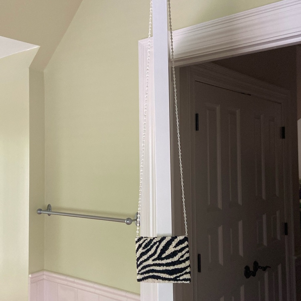 Black and white beaded mini bag with crystal and beaded chain